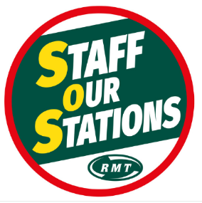 RMT rail workers' union badge -- Save Our Stations.  White capital letters on a dark green background.  SOS in yellow letters.